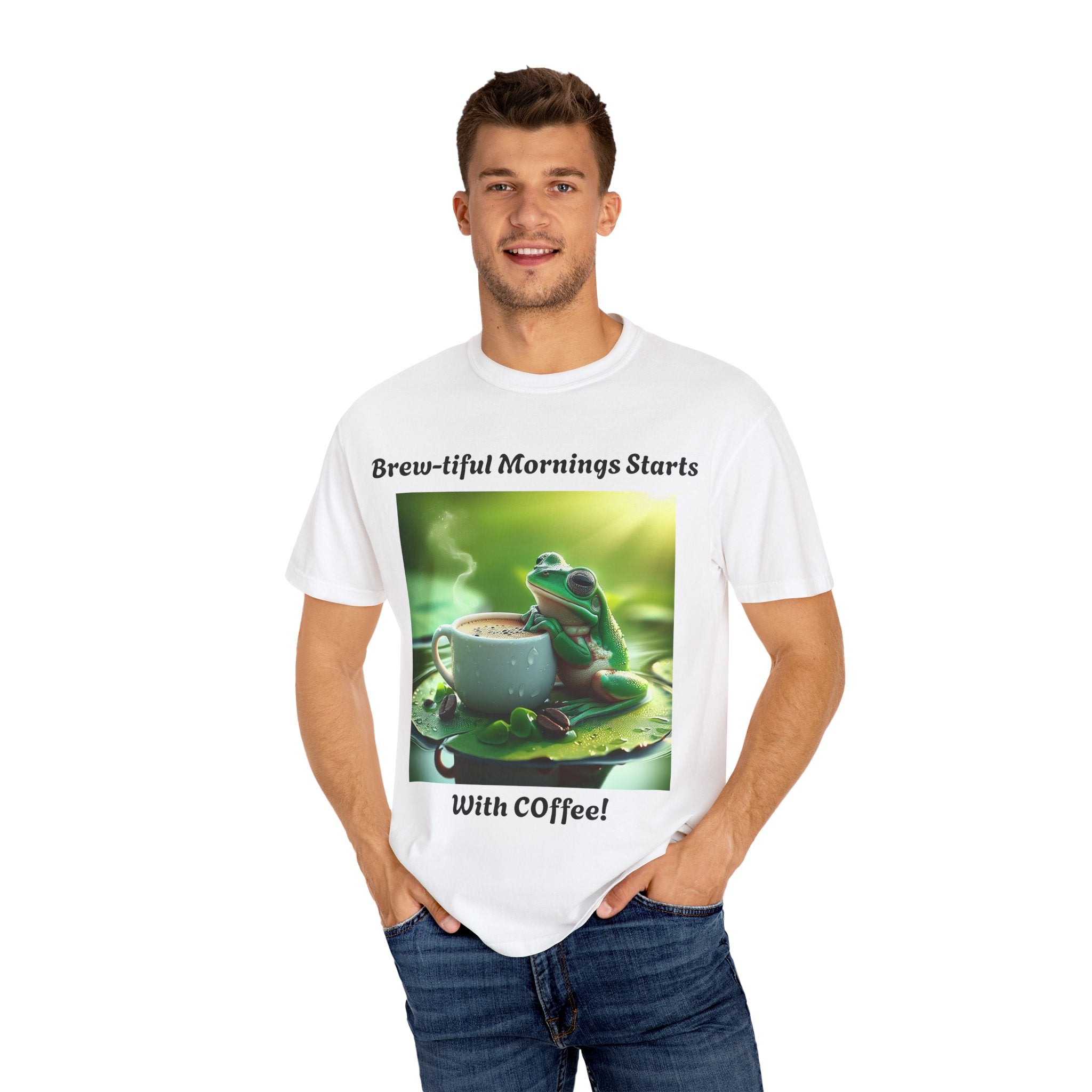 Brew-tiful Mornings Coffee T-Shirt, Unisex Tea Shirt, Gift for Coffee Lovers, Cute Frog Tee, Comfortable Daily Wear