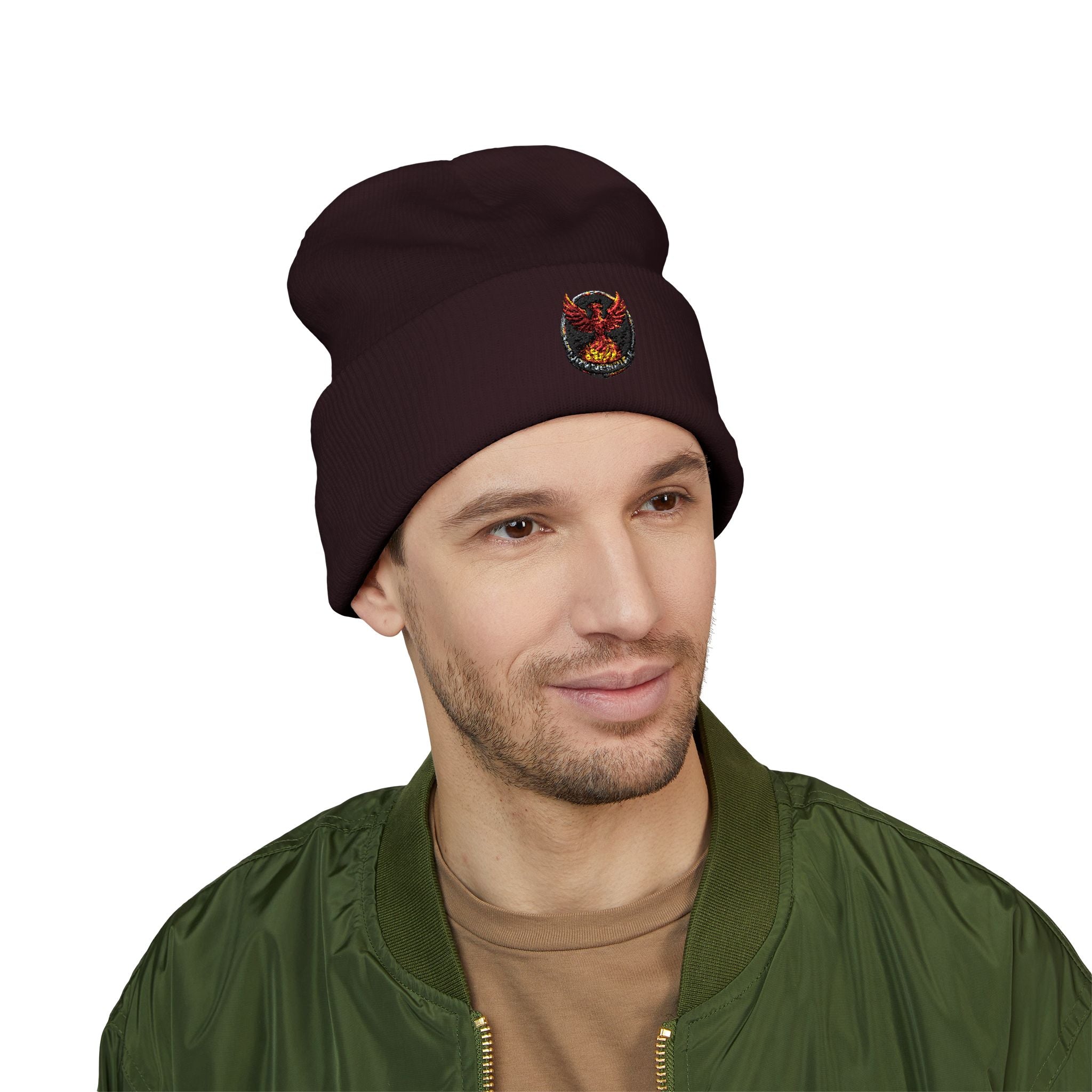 Embroidered Fiery Demon Patch Beanie — Cuffed Knit Winter Hat
