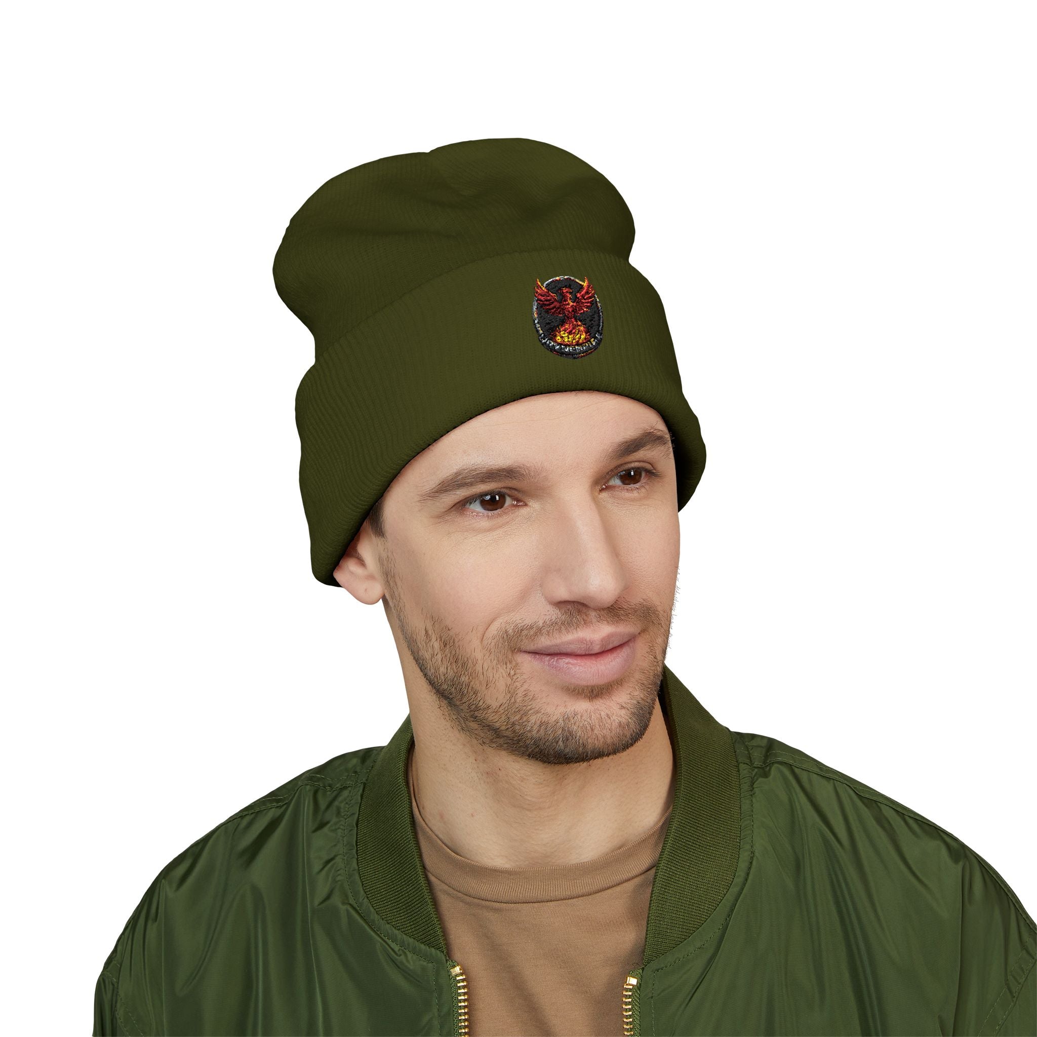Embroidered Fiery Demon Patch Beanie — Cuffed Knit Winter Hat