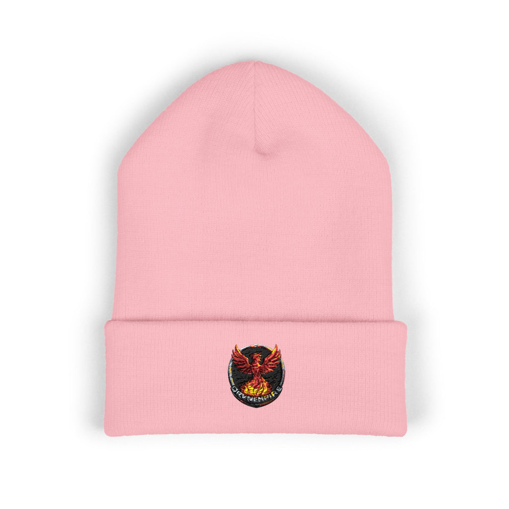 Embroidered Fiery Demon Patch Beanie — Cuffed Knit Winter Hat