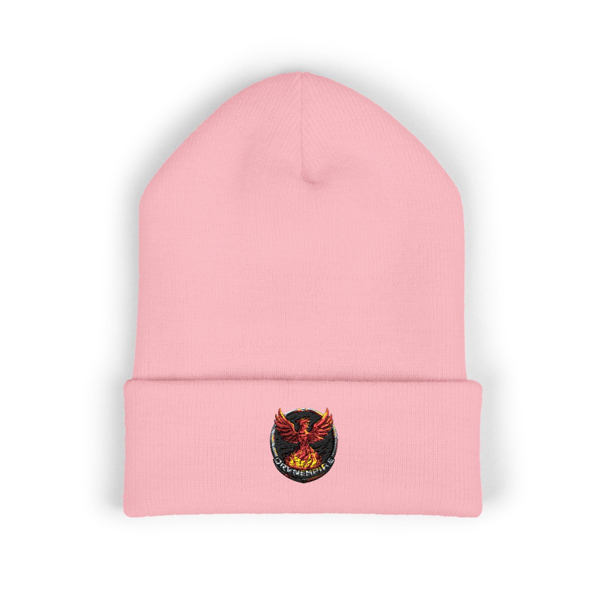 Embroidered Fiery Demon Patch Beanie — Cuffed Knit Winter Hat