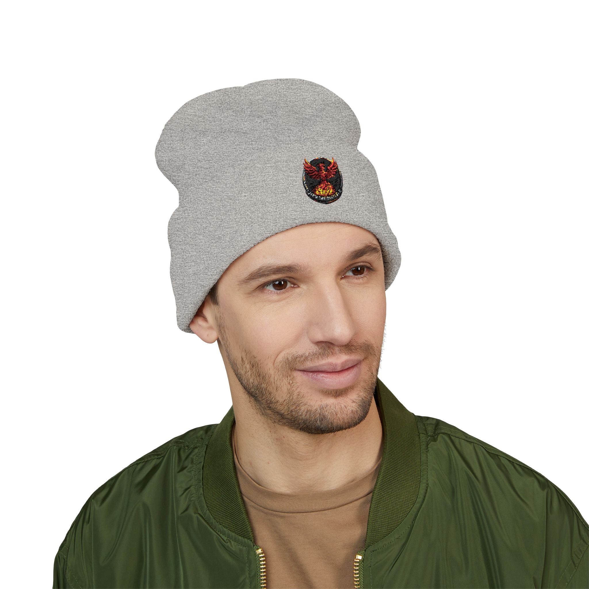 Embroidered Fiery Demon Patch Beanie — Cuffed Knit Winter Hat