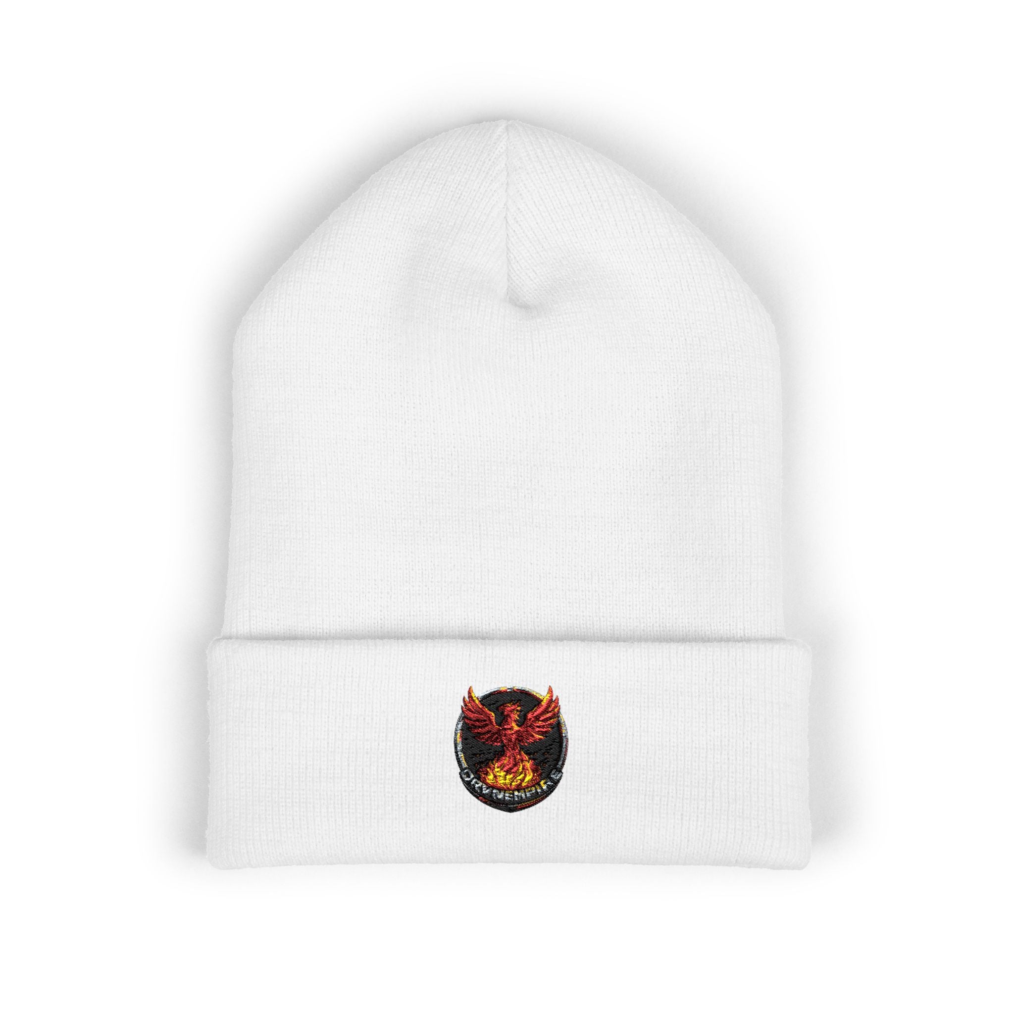Embroidered Fiery Demon Patch Beanie — Cuffed Knit Winter Hat