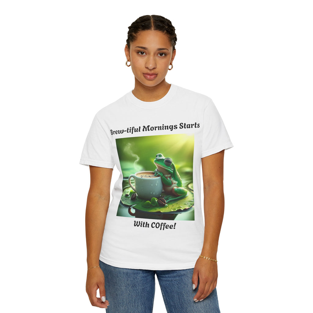 Brew-tiful Mornings Coffee T-Shirt, Unisex Tea Shirt, Gift for Coffee Lovers, Cute Frog Tee, Comfortable Daily Wear
