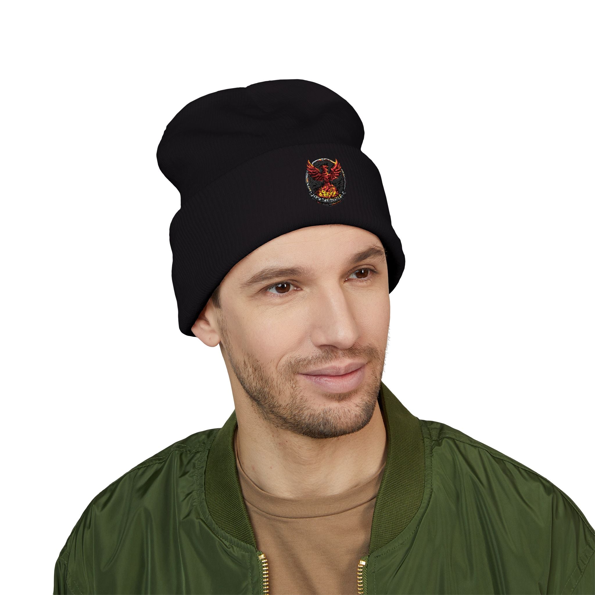 Embroidered Fiery Demon Patch Beanie — Cuffed Knit Winter Hat