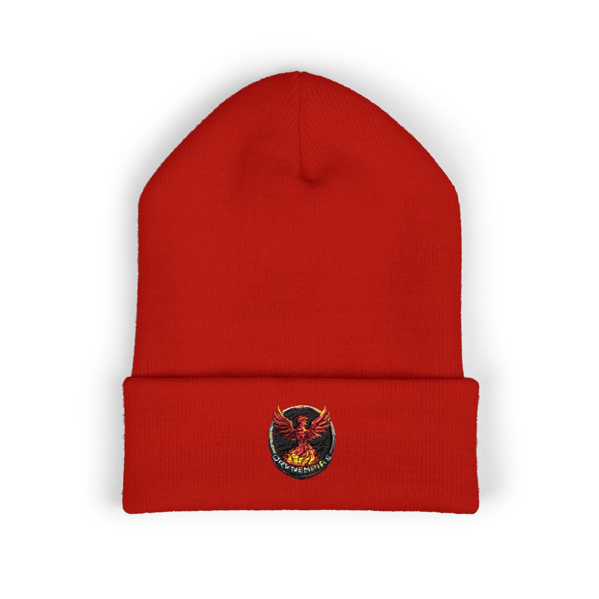 Embroidered Fiery Demon Patch Beanie — Cuffed Knit Winter Hat