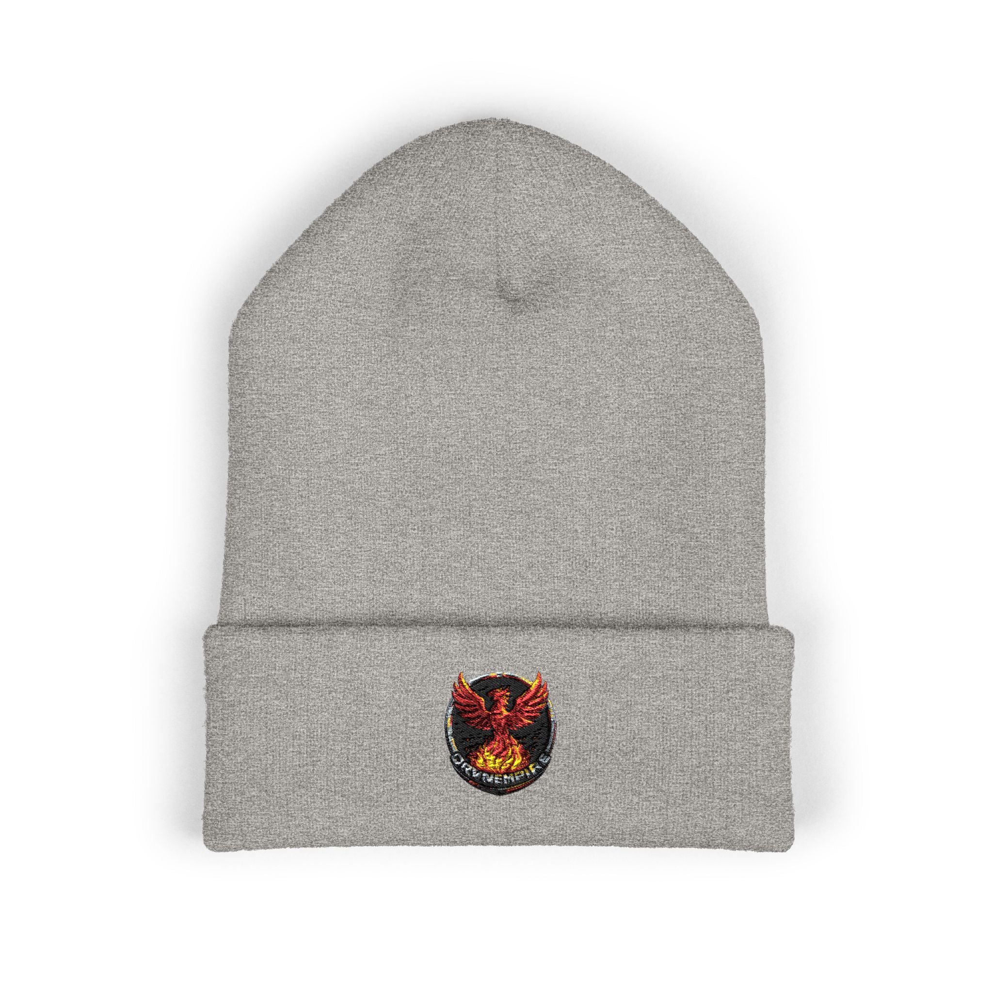 Embroidered Fiery Demon Patch Beanie — Cuffed Knit Winter Hat