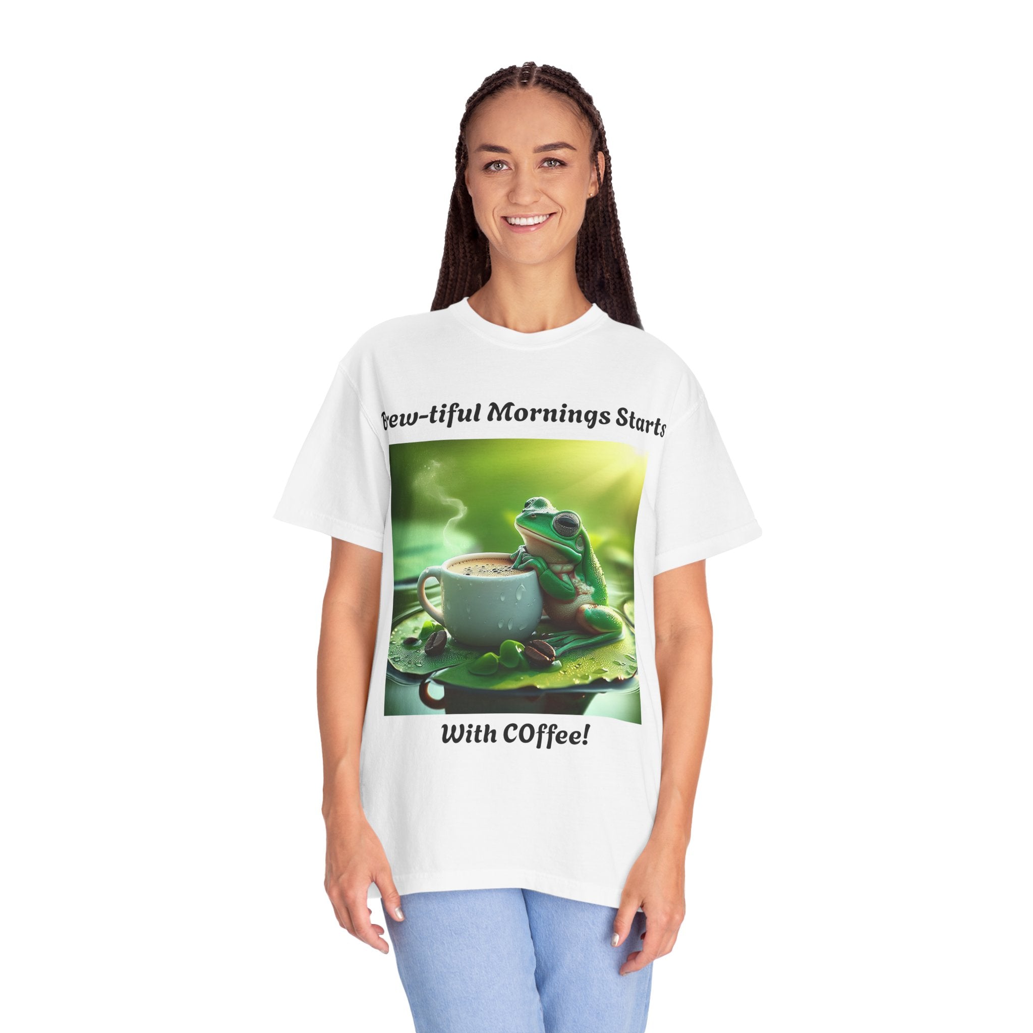 Brew-tiful Mornings Coffee T-Shirt, Unisex Tea Shirt, Gift for Coffee Lovers, Cute Frog Tee, Comfortable Daily Wear