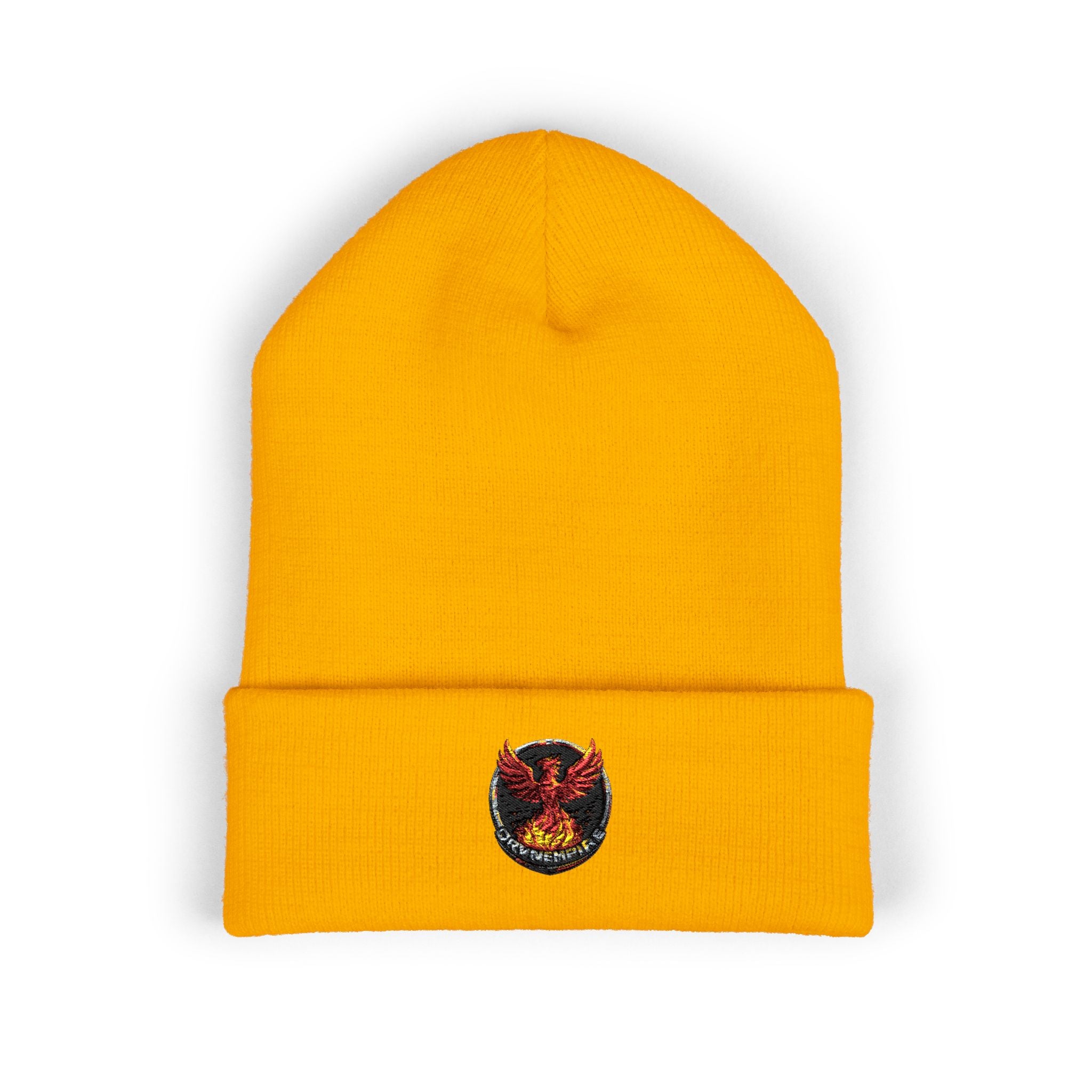 Embroidered Fiery Demon Patch Beanie — Cuffed Knit Winter Hat