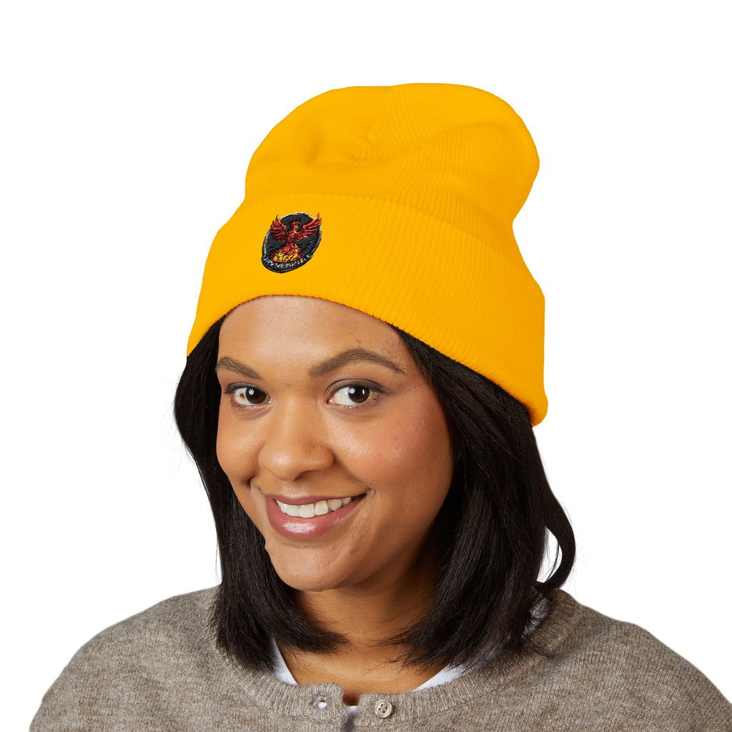 Embroidered Fiery Demon Patch Beanie — Cuffed Knit Winter Hat