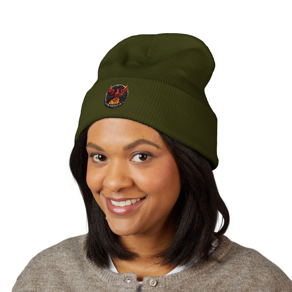 Embroidered Fiery Demon Patch Beanie — Cuffed Knit Winter Hat