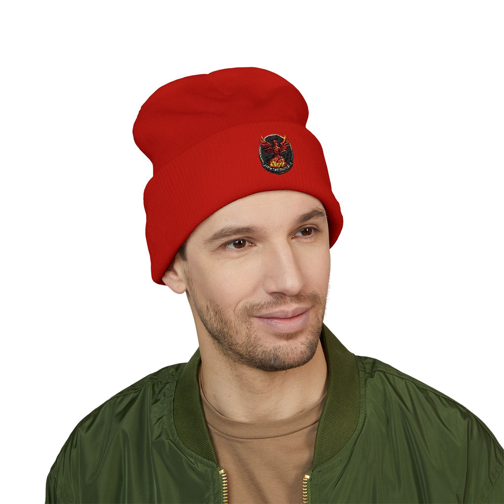 Embroidered Fiery Demon Patch Beanie — Cuffed Knit Winter Hat