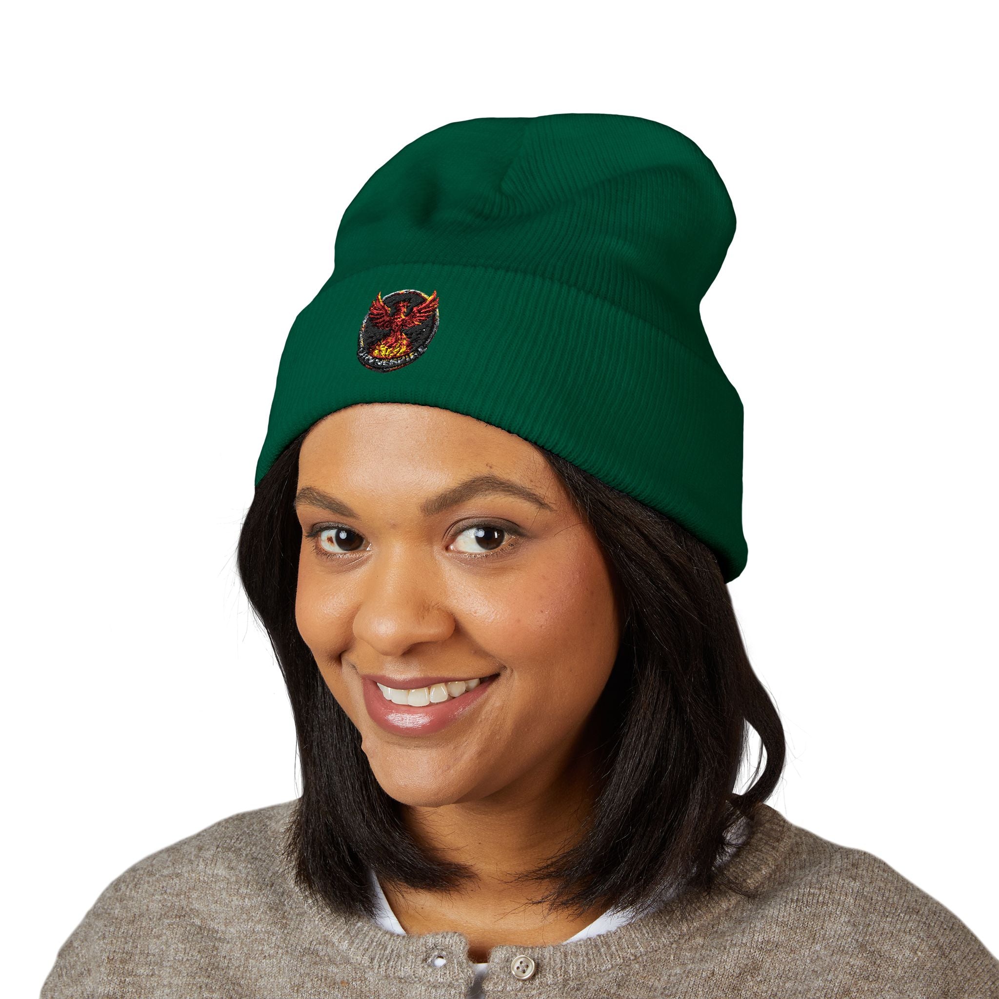 Embroidered Fiery Demon Patch Beanie — Cuffed Knit Winter Hat