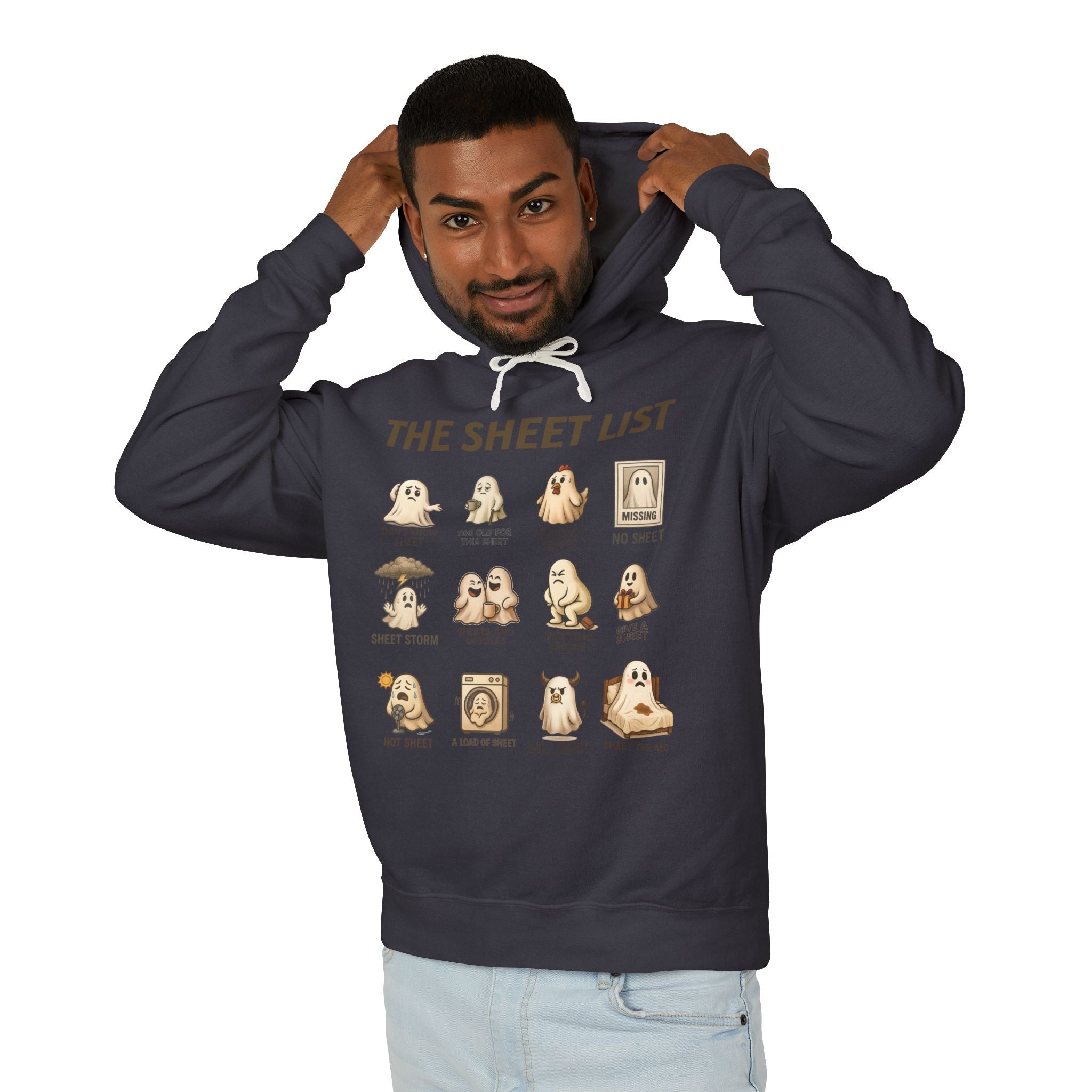 Ghostly Humor Unisex Lightweight Hooded Sweatshirt - The Sheet List Design