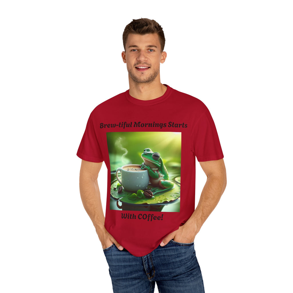 Brew-tiful Mornings Coffee T-Shirt, Unisex Tea Shirt, Gift for Coffee Lovers, Cute Frog Tee, Comfortable Daily Wear