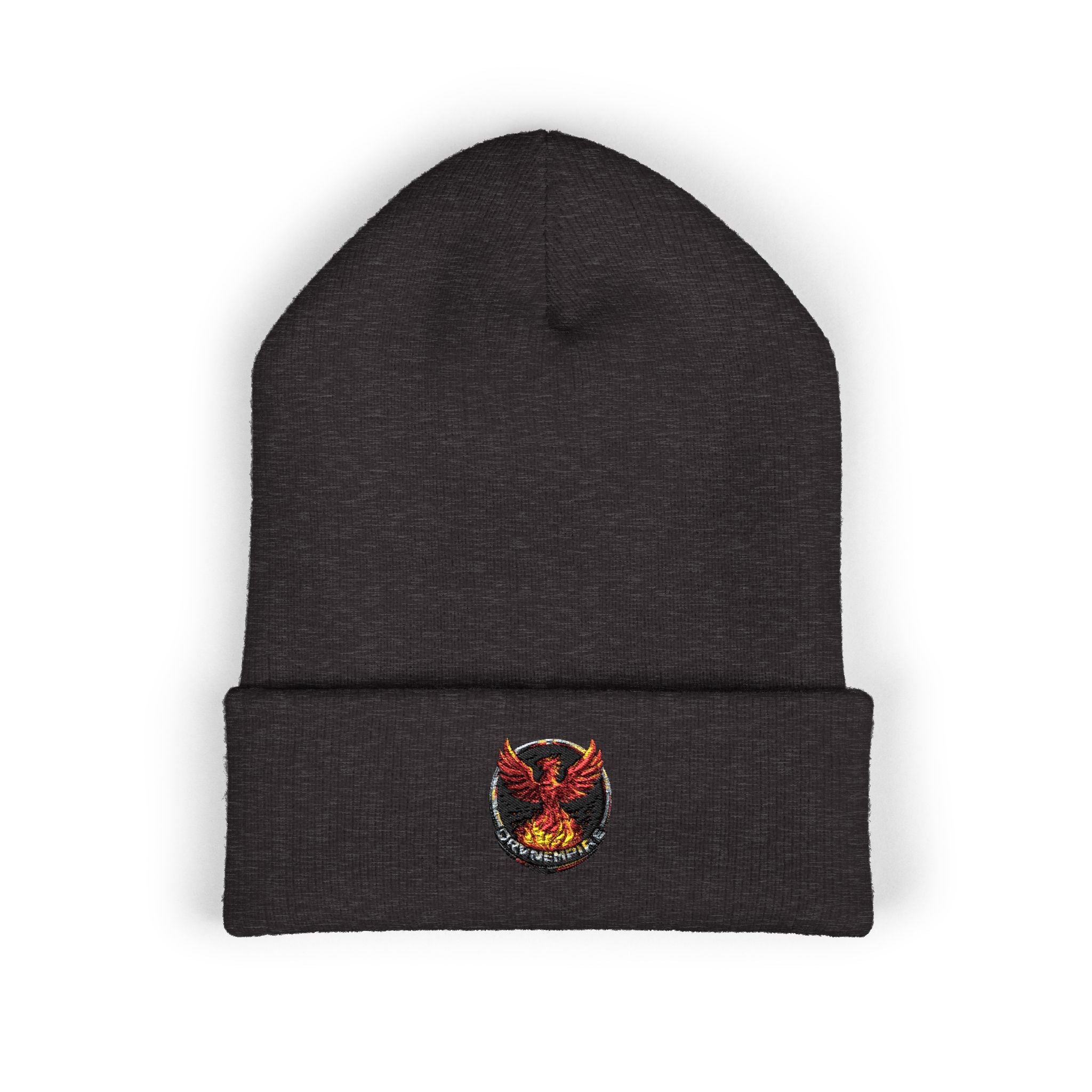 Embroidered Fiery Demon Patch Beanie — Cuffed Knit Winter Hat