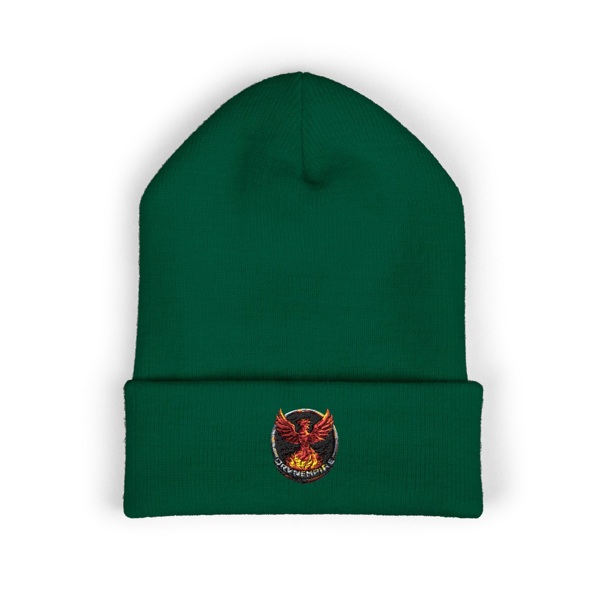 Embroidered Fiery Demon Patch Beanie — Cuffed Knit Winter Hat