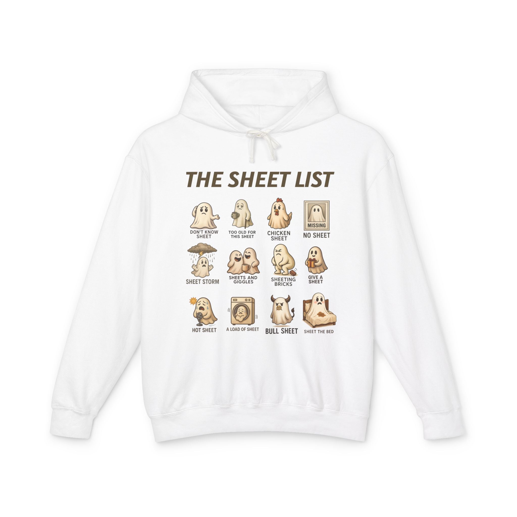 Ghostly Humor Unisex Lightweight Hooded Sweatshirt - The Sheet List Design
