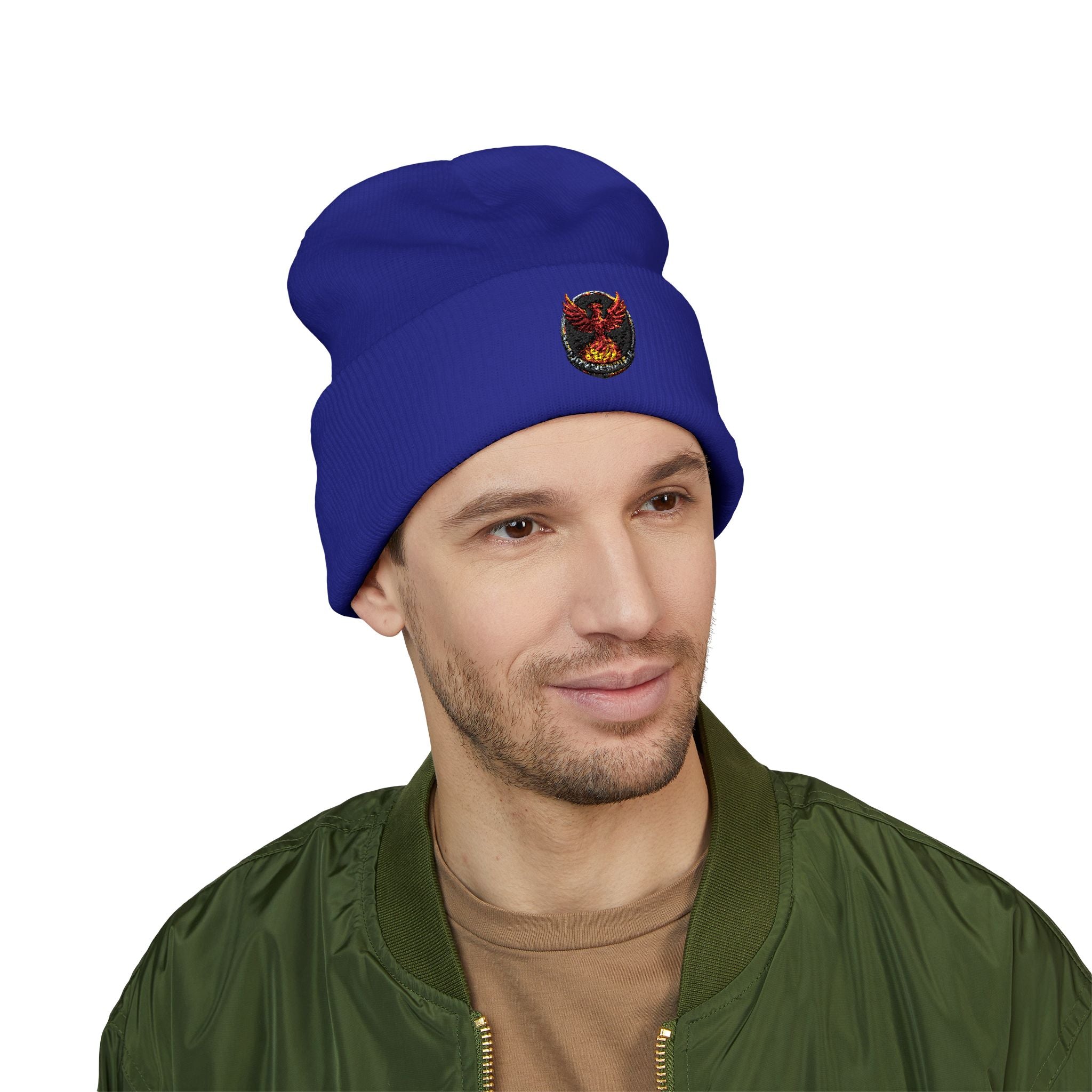 Embroidered Fiery Demon Patch Beanie — Cuffed Knit Winter Hat