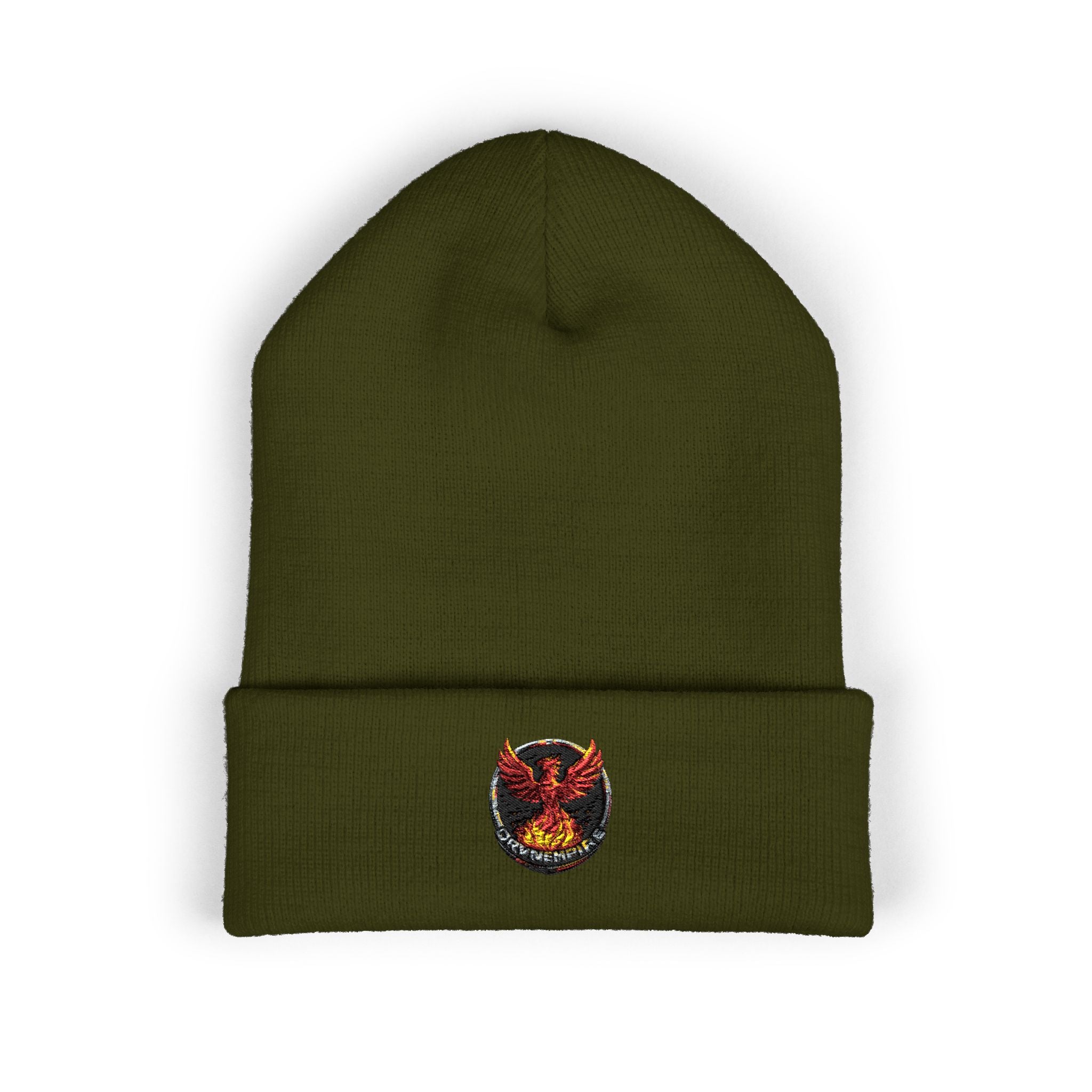 Embroidered Fiery Demon Patch Beanie — Cuffed Knit Winter Hat