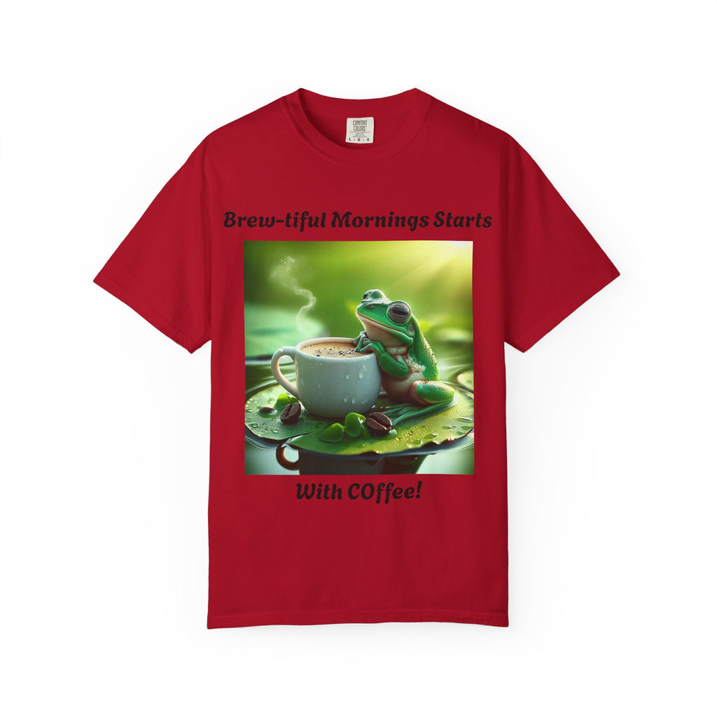 Brew-tiful Mornings Coffee T-Shirt, Unisex Tea Shirt, Gift for Coffee Lovers, Cute Frog Tee, Comfortable Daily Wear