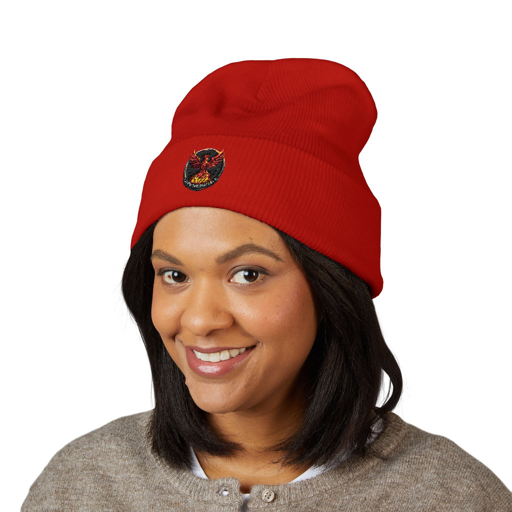 Embroidered Fiery Demon Patch Beanie — Cuffed Knit Winter Hat