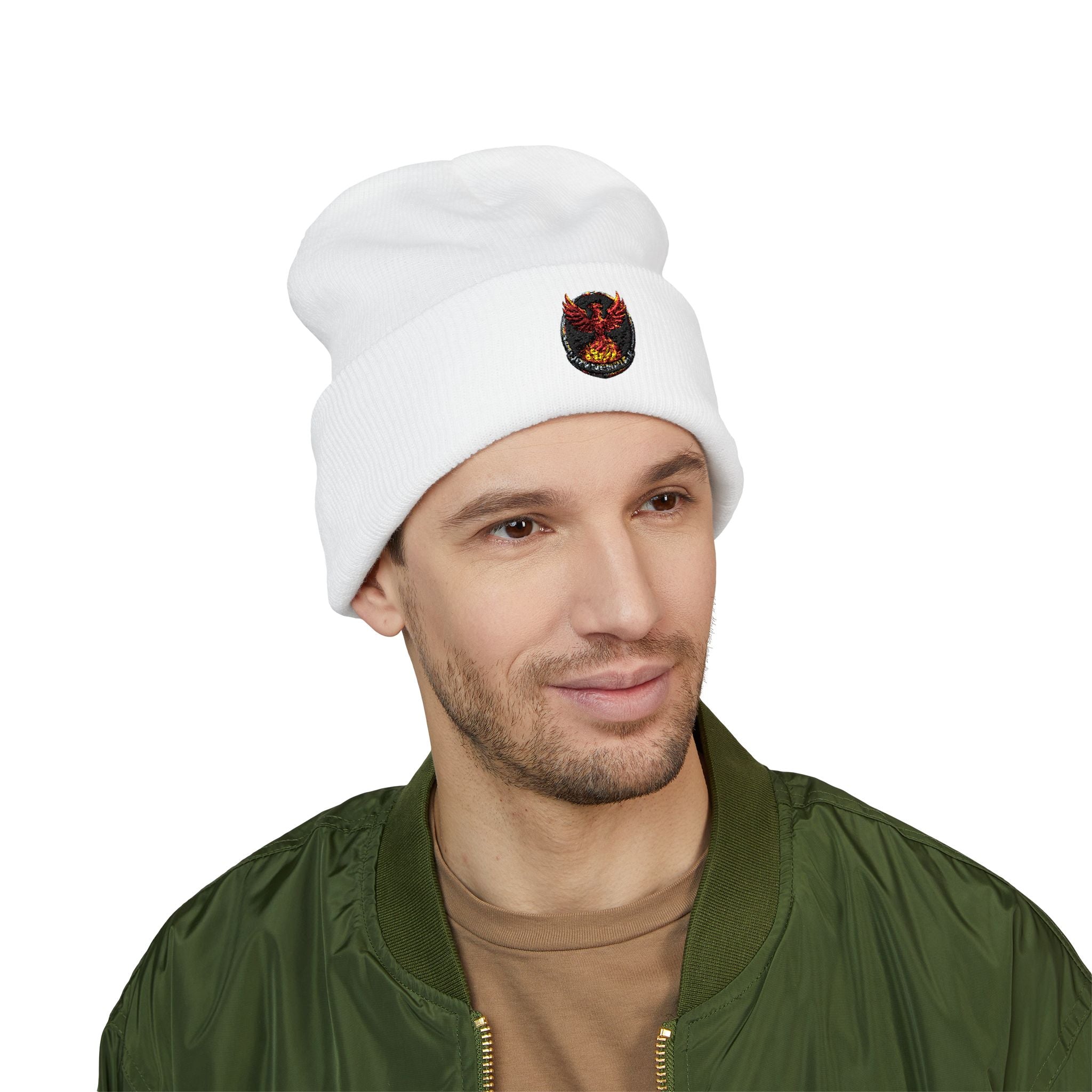 Embroidered Fiery Demon Patch Beanie — Cuffed Knit Winter Hat