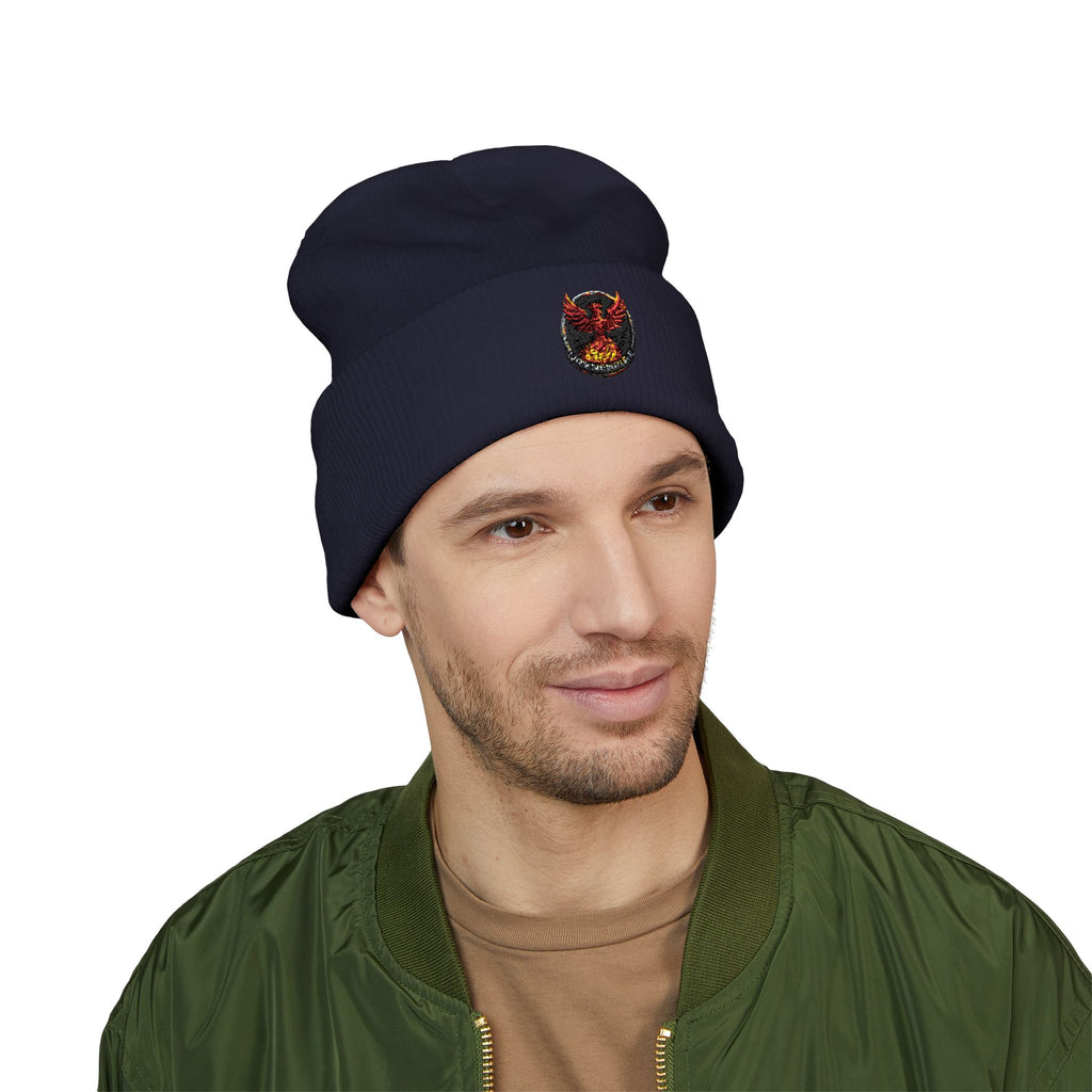 Embroidered Fiery Demon Patch Beanie — Cuffed Knit Winter Hat