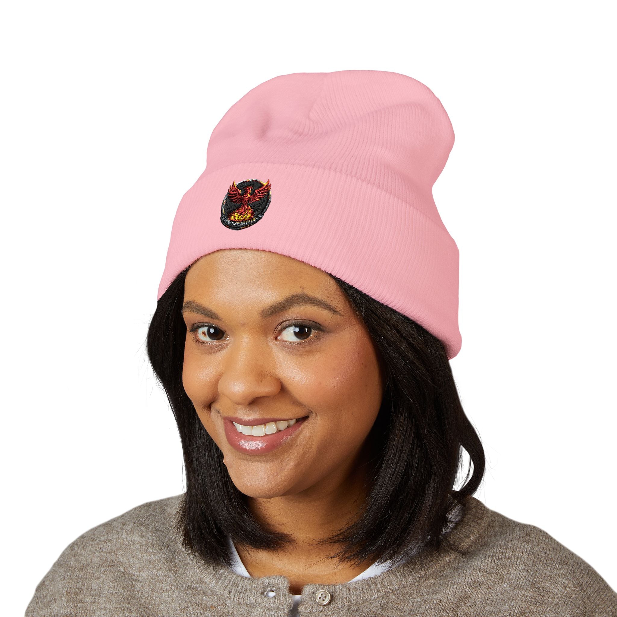 Embroidered Fiery Demon Patch Beanie — Cuffed Knit Winter Hat