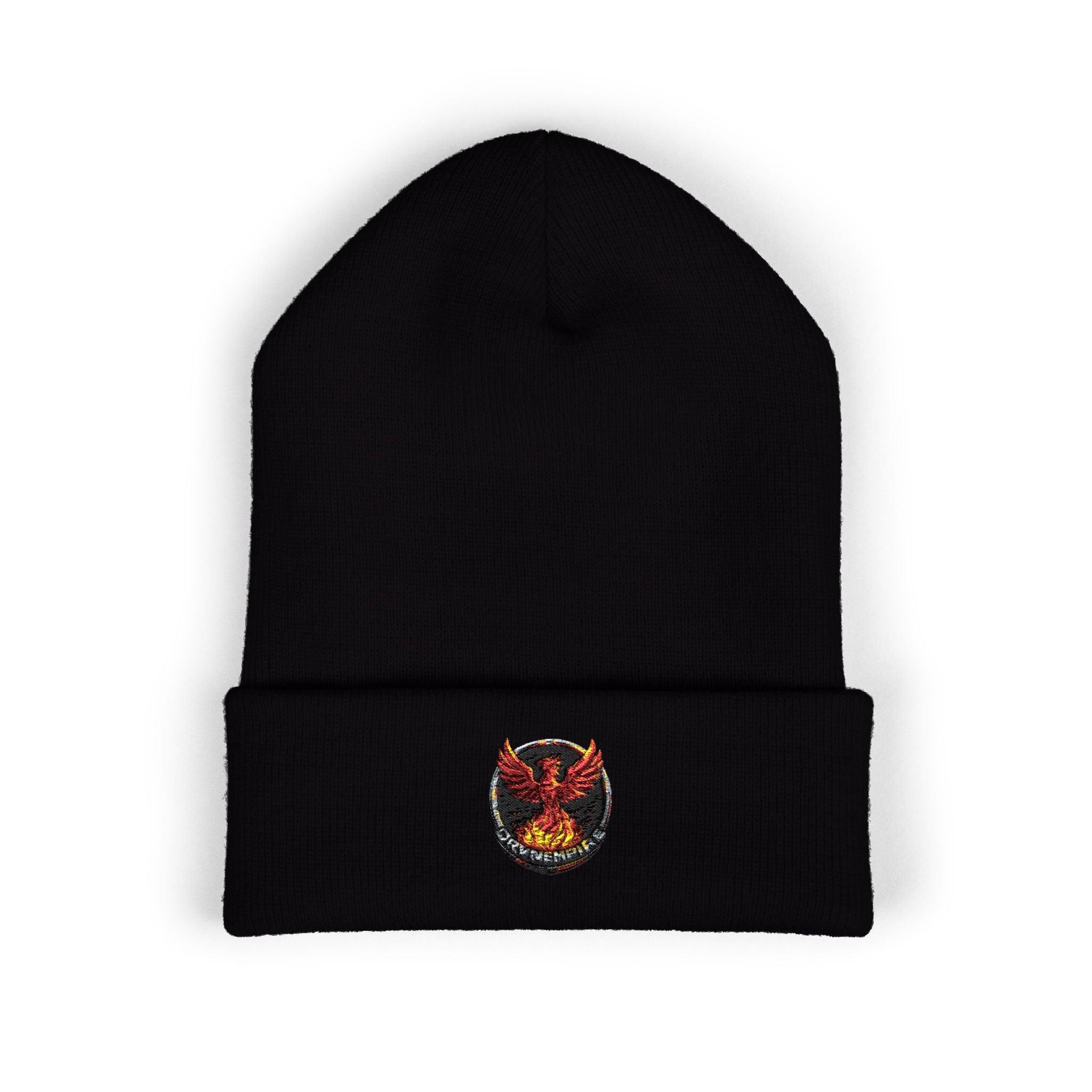 Embroidered Fiery Demon Patch Beanie — Cuffed Knit Winter Hat