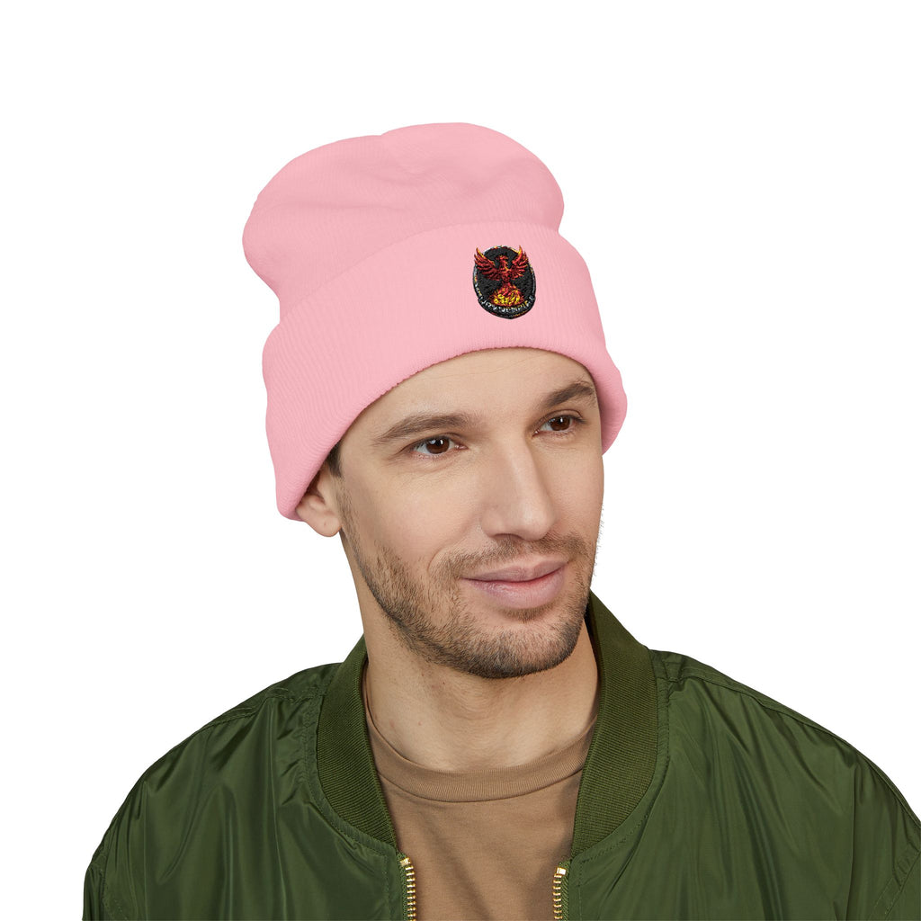 Embroidered Fiery Demon Patch Beanie — Cuffed Knit Winter Hat