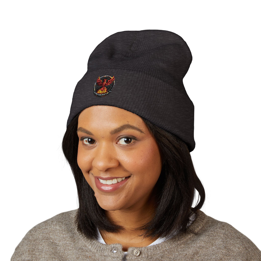 Embroidered Fiery Demon Patch Beanie — Cuffed Knit Winter Hat