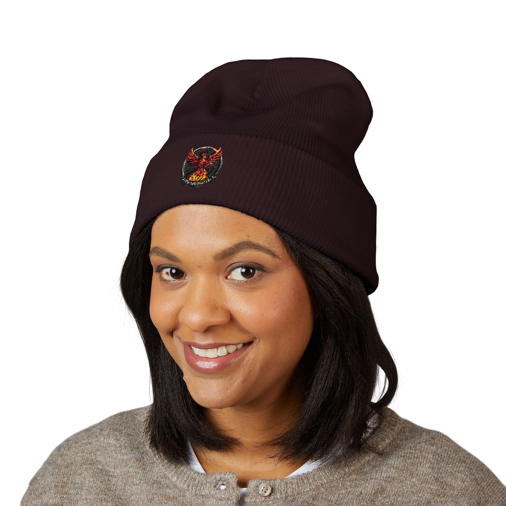 Embroidered Fiery Demon Patch Beanie — Cuffed Knit Winter Hat