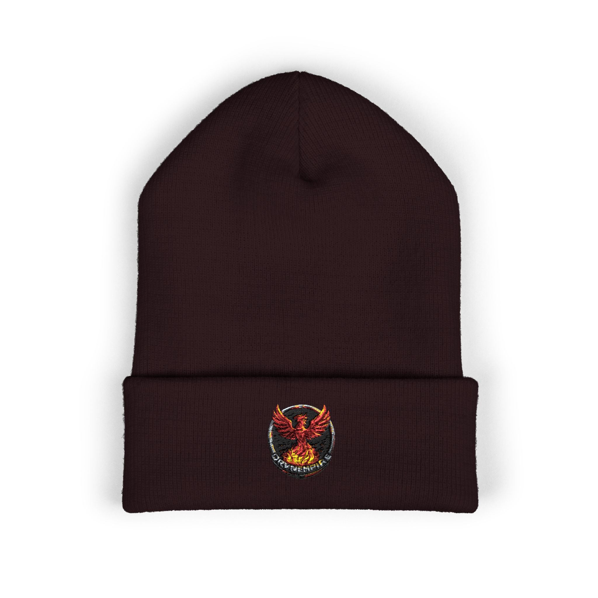 Embroidered Fiery Demon Patch Beanie — Cuffed Knit Winter Hat