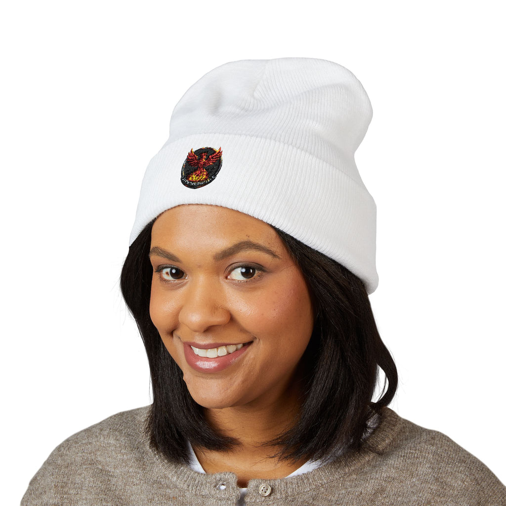 Embroidered Fiery Demon Patch Beanie — Cuffed Knit Winter Hat
