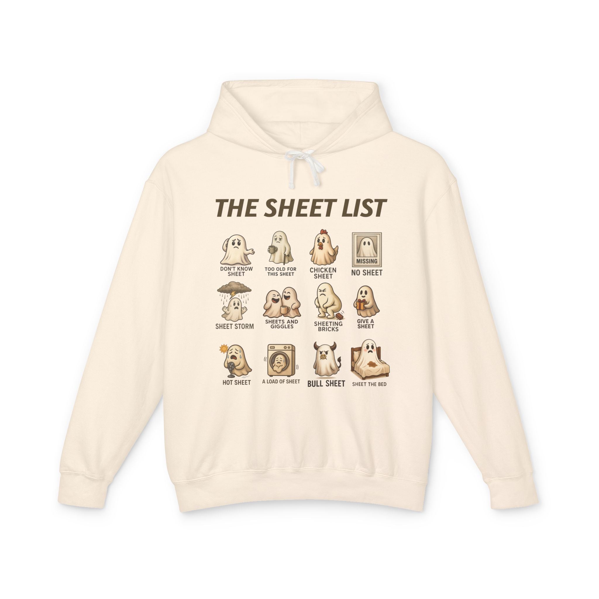 Ghostly Humor Unisex Lightweight Hooded Sweatshirt - The Sheet List Design