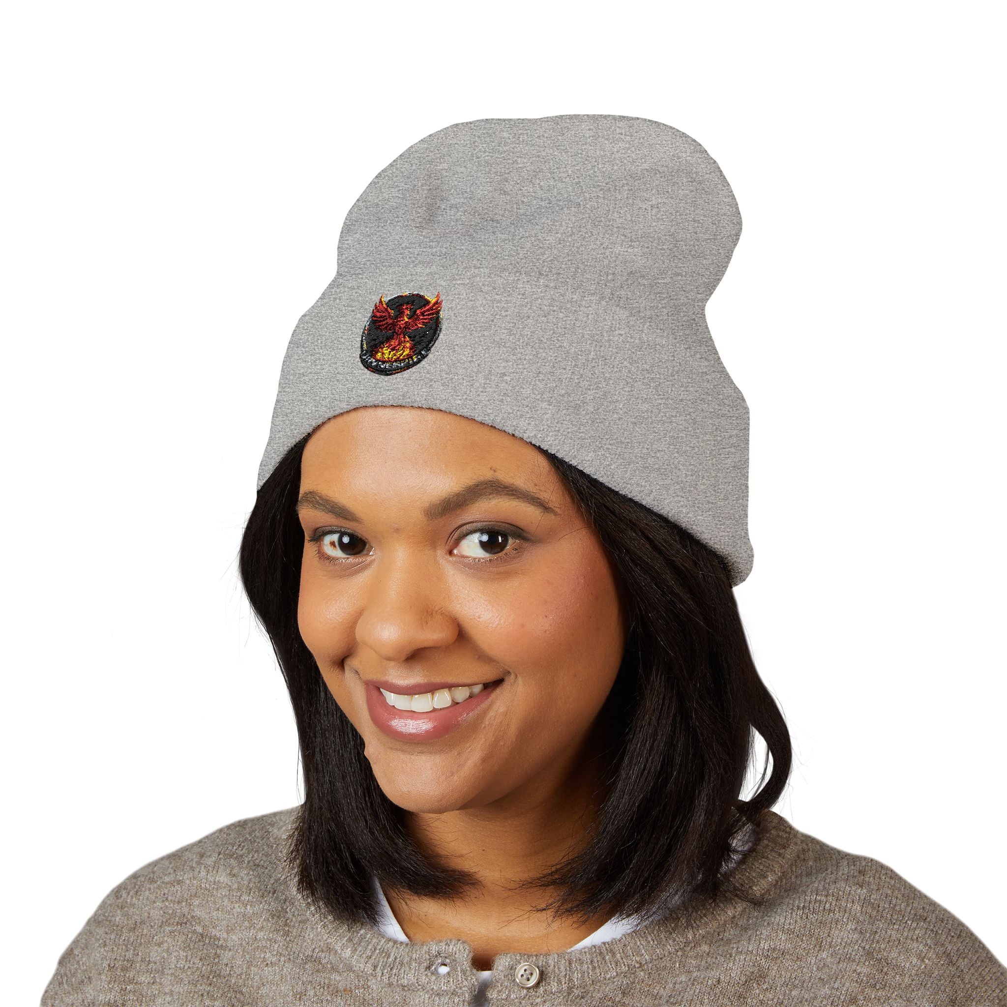 Embroidered Fiery Demon Patch Beanie — Cuffed Knit Winter Hat