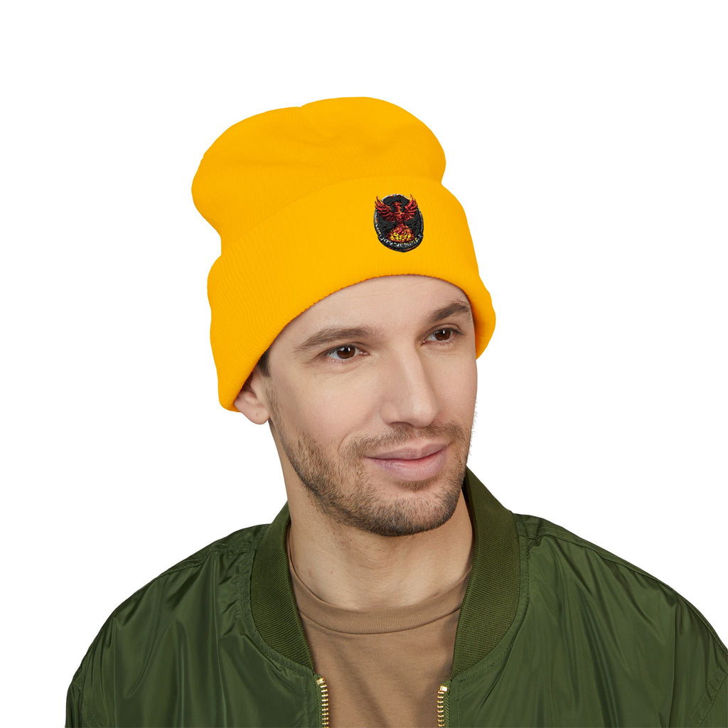Embroidered Fiery Demon Patch Beanie — Cuffed Knit Winter Hat