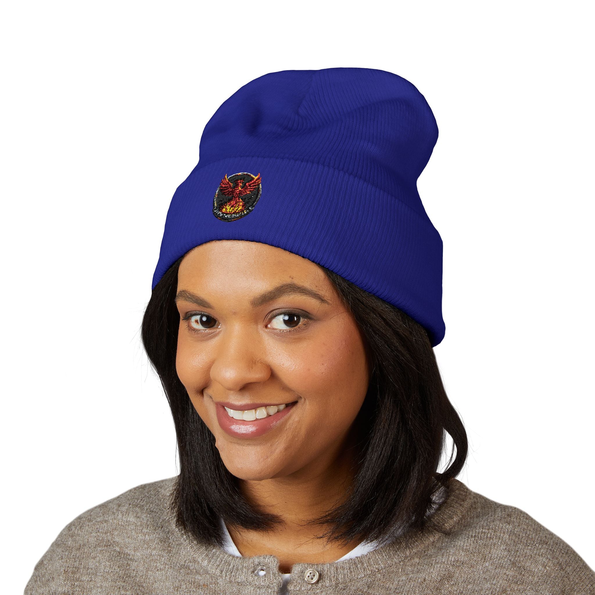 Embroidered Fiery Demon Patch Beanie — Cuffed Knit Winter Hat