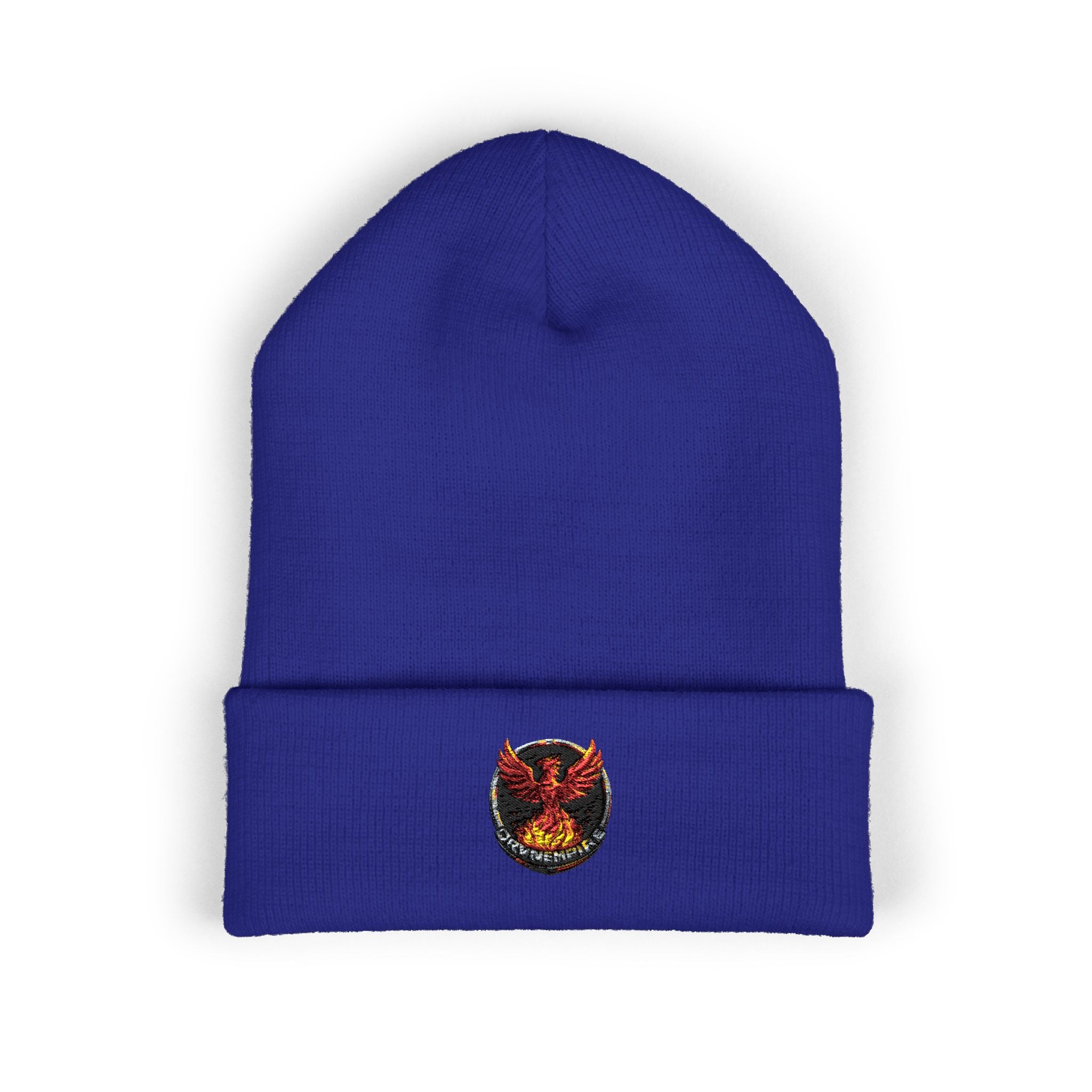Embroidered Fiery Demon Patch Beanie — Cuffed Knit Winter Hat