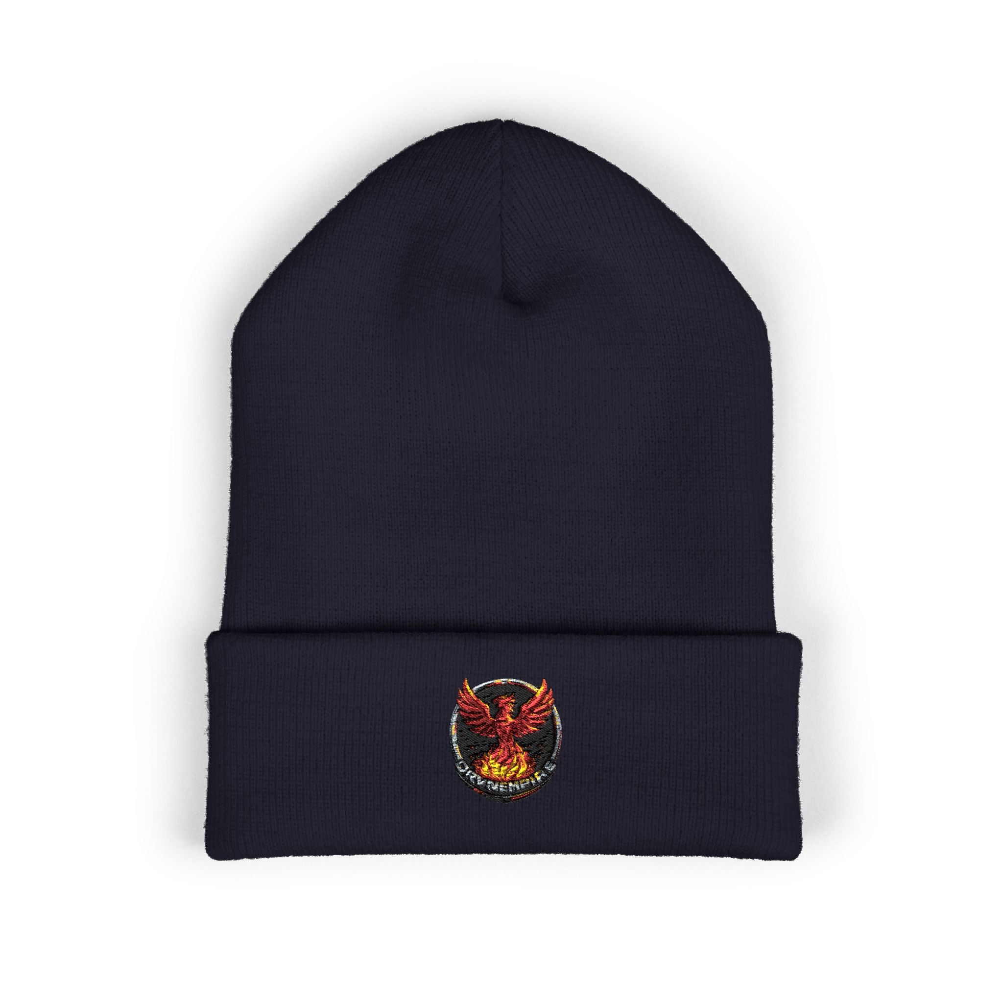 Embroidered Fiery Demon Patch Beanie — Cuffed Knit Winter Hat