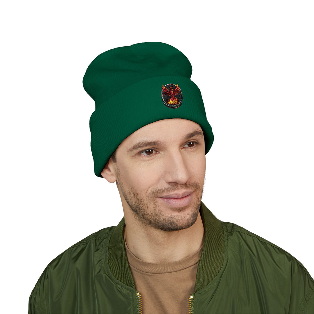 Embroidered Fiery Demon Patch Beanie — Cuffed Knit Winter Hat