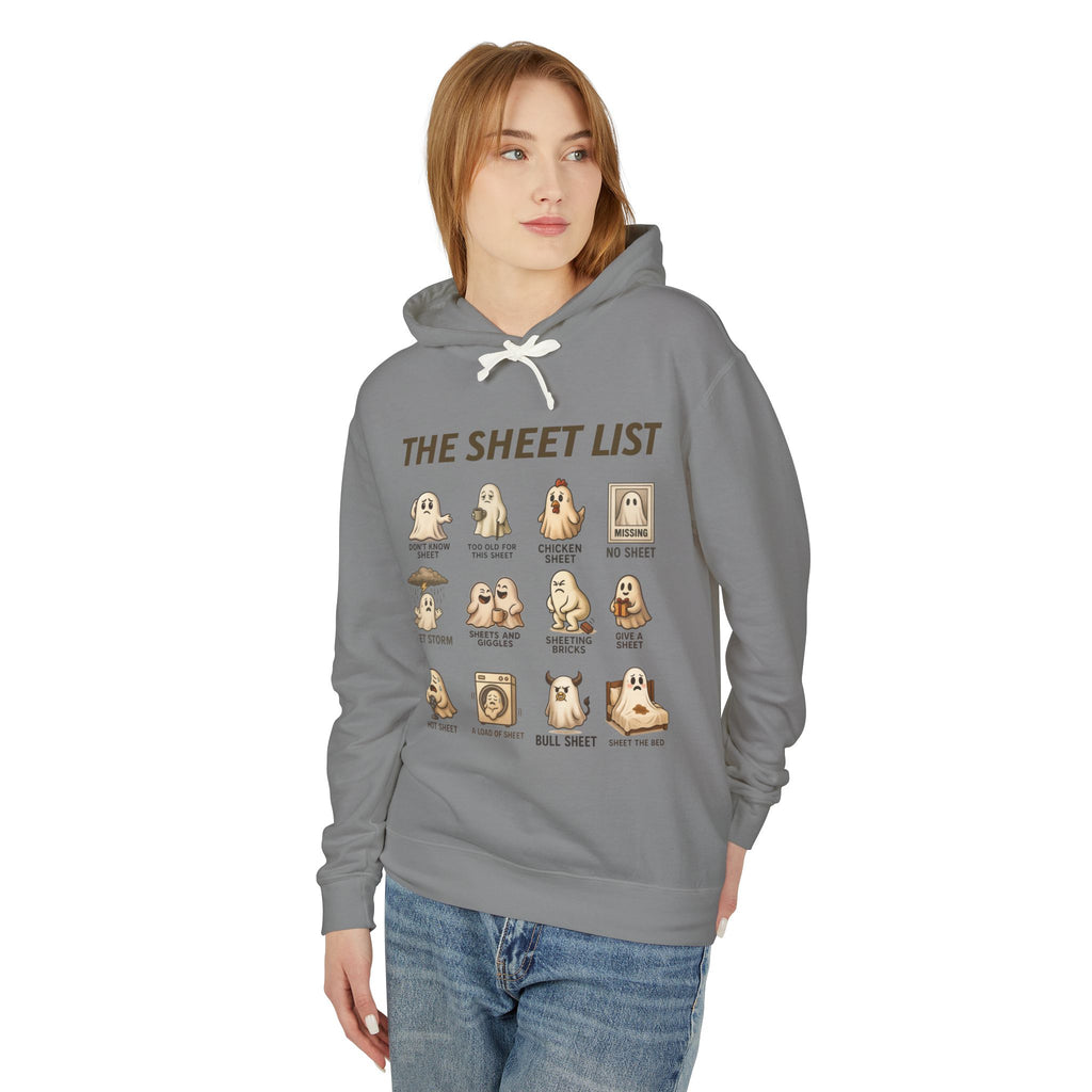 Ghostly Humor Unisex Lightweight Hooded Sweatshirt - The Sheet List Design