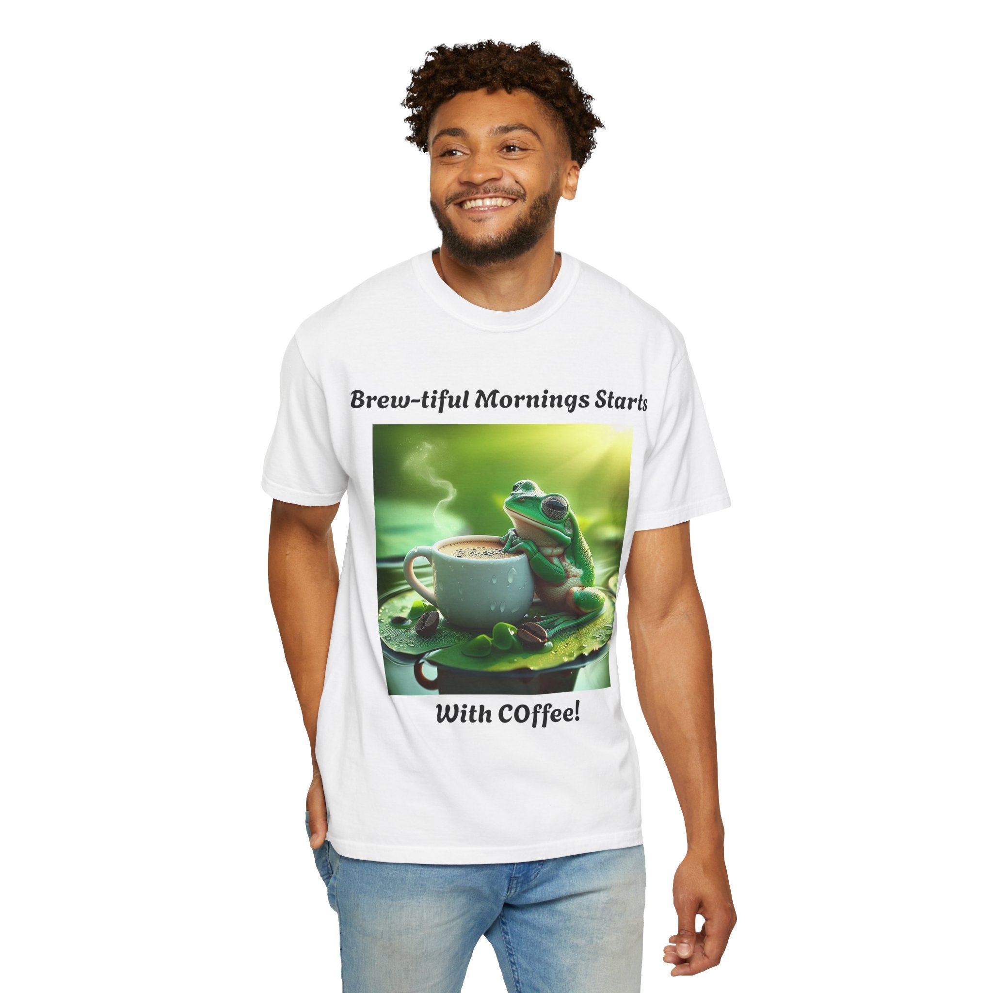 Brew-tiful Mornings Coffee T-Shirt, Unisex Tea Shirt, Gift for Coffee Lovers, Cute Frog Tee, Comfortable Daily Wear