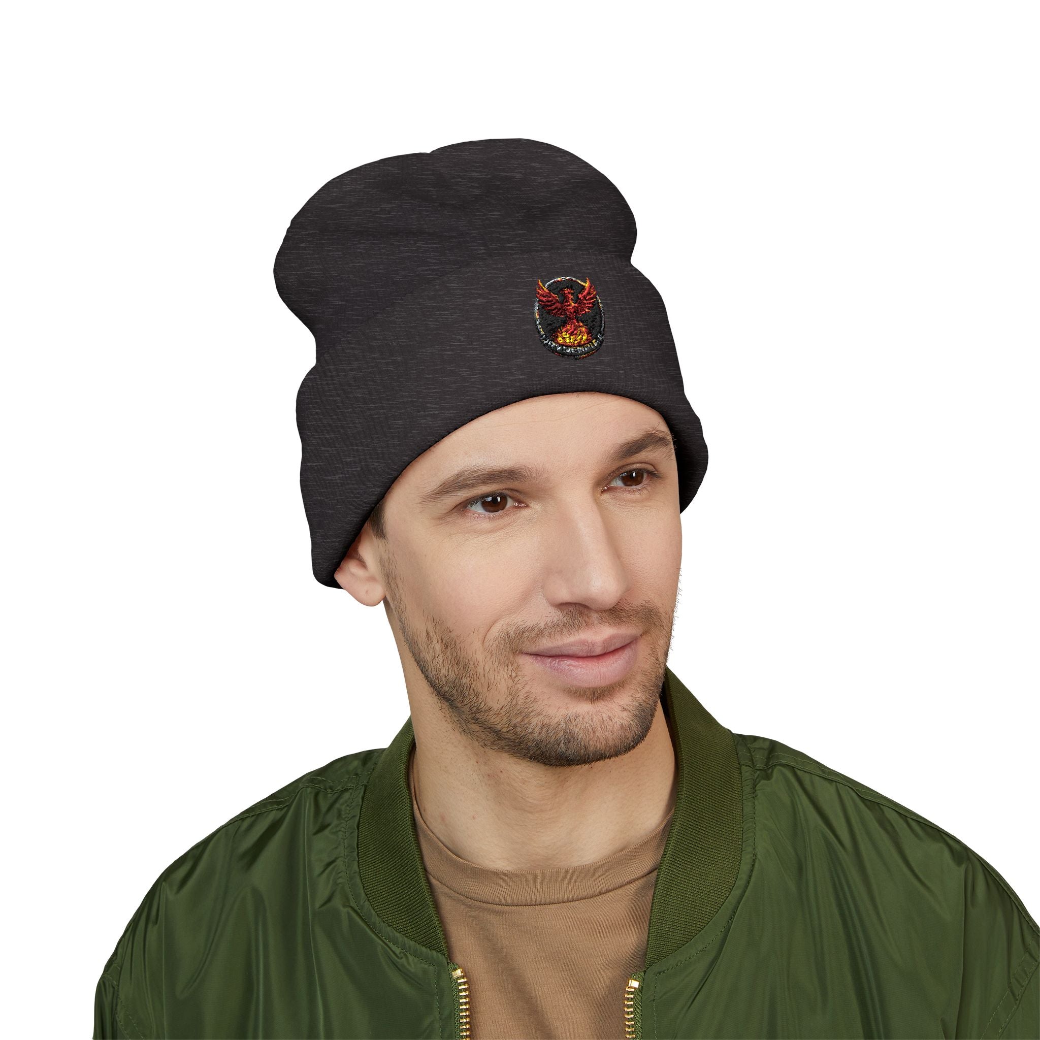 Embroidered Fiery Demon Patch Beanie — Cuffed Knit Winter Hat