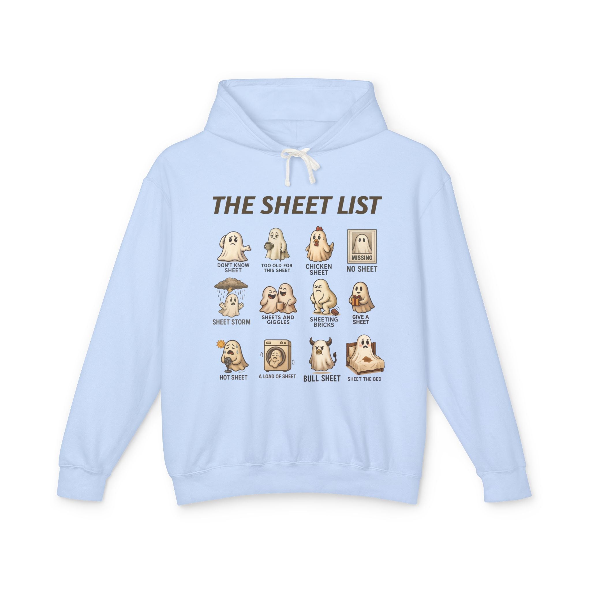 Ghostly Humor Unisex Lightweight Hooded Sweatshirt - The Sheet List Design